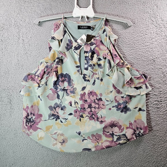 $115 NWT Lauren Ralph‎ Lauren Sleeveless Tank Top Women 16 Ruffle Floral Green - Picture 1 of 12